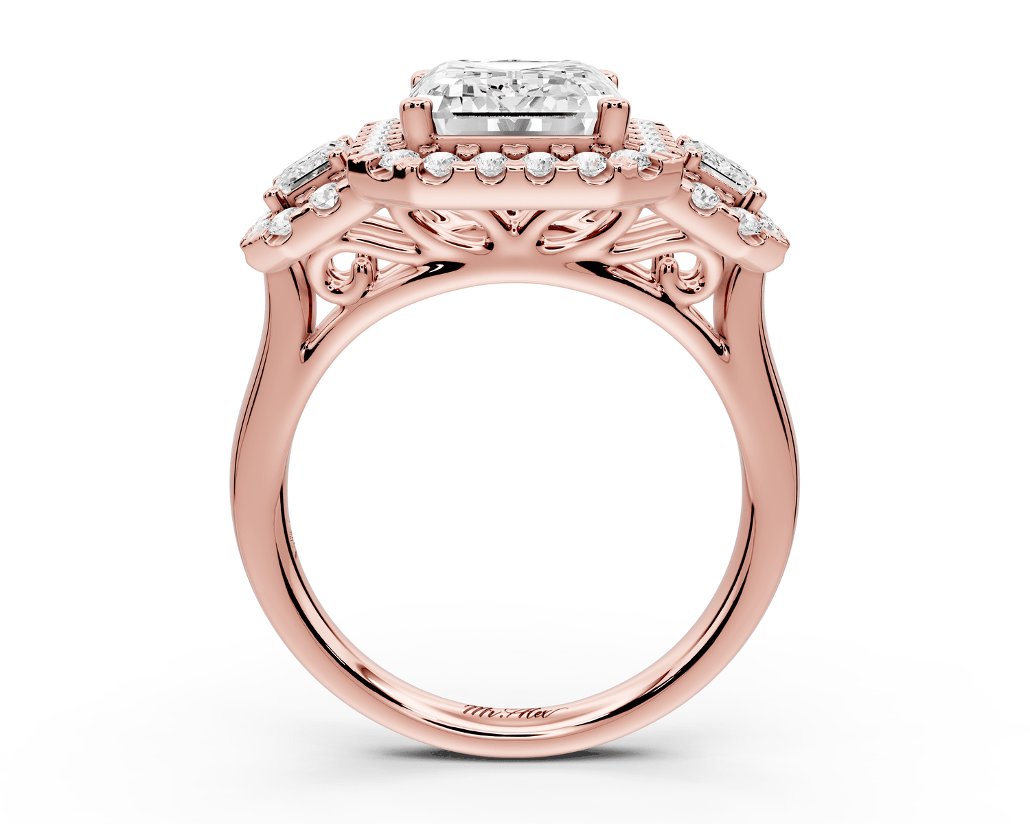 Iris - 4ct 18k rose gold Three stone emerald Halo engagement ring - Mr. Alex Jewelry