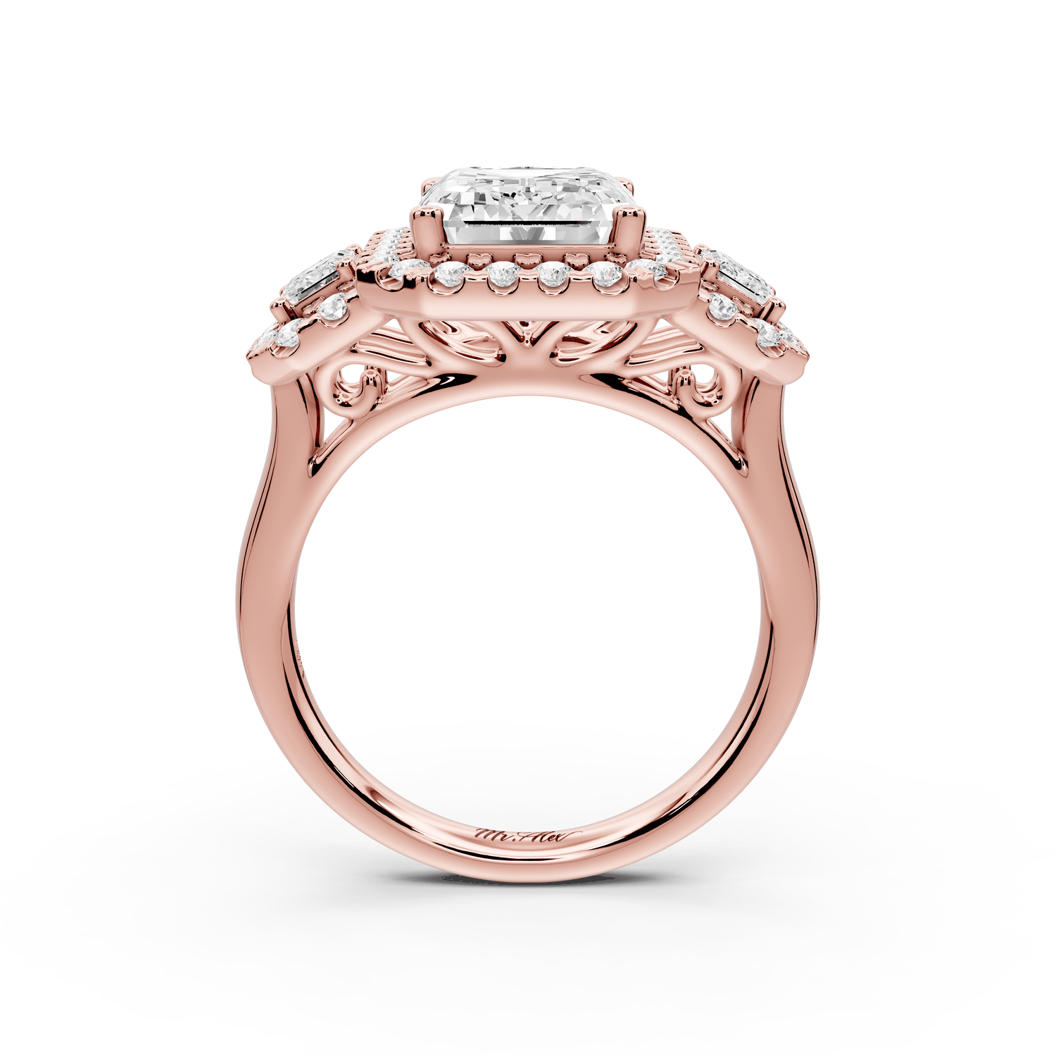 Iris - 4ct 18k rose gold Three stone emerald Halo engagement ring - Mr. Alex Jewelry