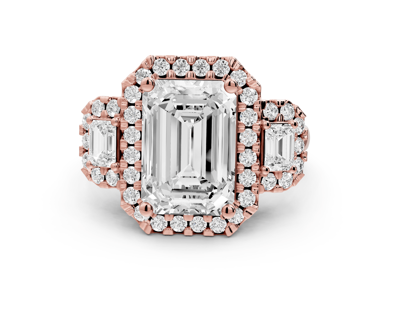 Iris - 4ct 18k rose gold Three stone emerald Halo engagement ring - Mr. Alex Jewelry