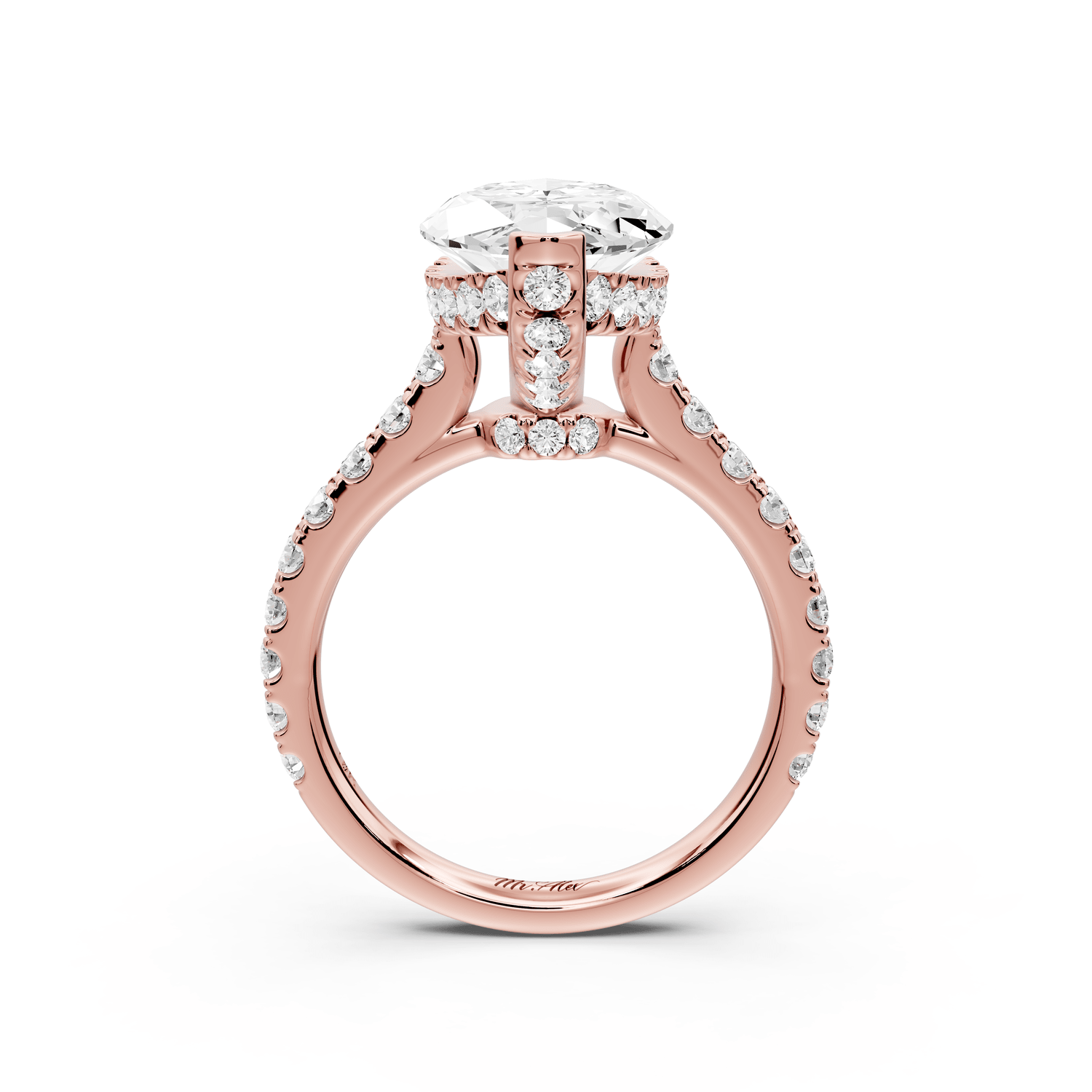 Iris - 4ct 18k rose gold Three stone marquise Halo engagement ring - Mr. Alex Jewelry