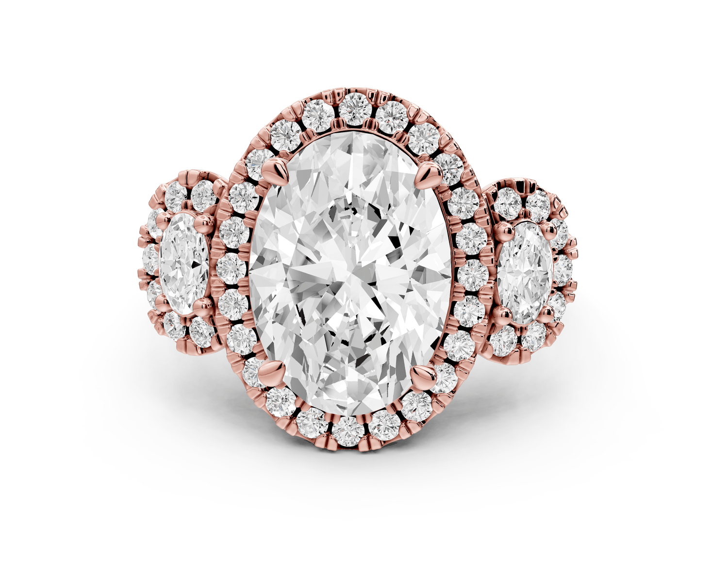 Iris - 4ct 18k rose gold Three stone oval Halo engagement ring - Mr. Alex Jewelry