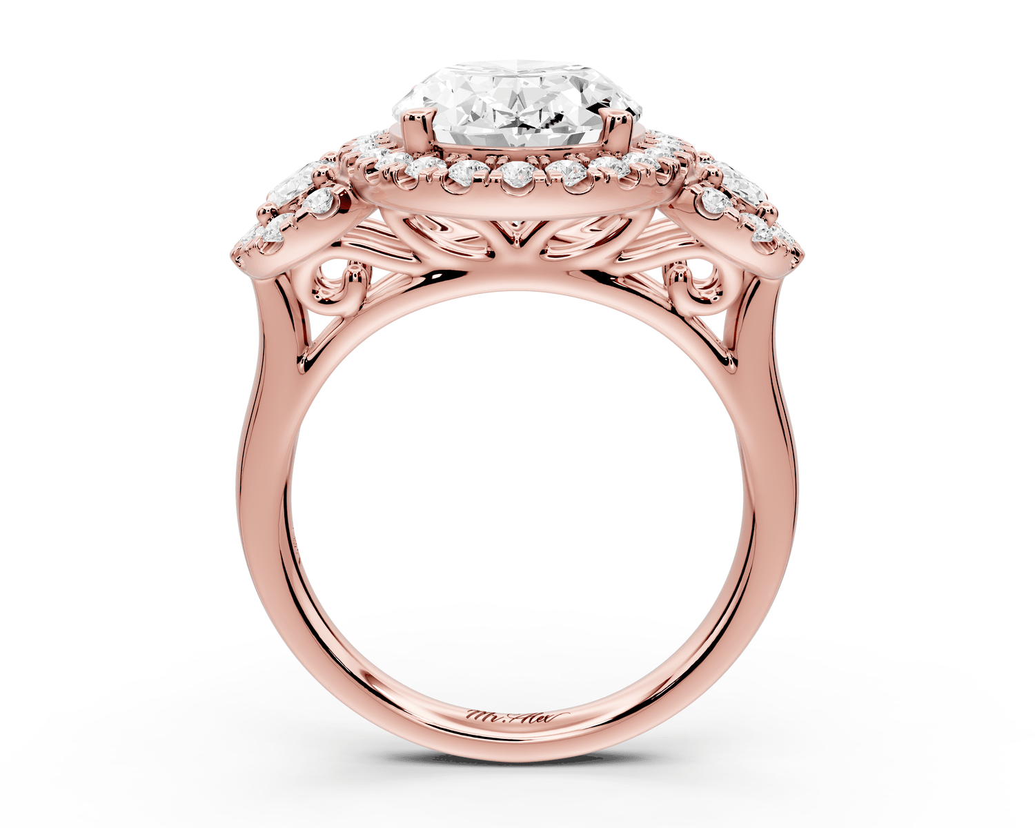 Iris - 4ct 18k rose gold Three stone oval Halo engagement ring - Mr. Alex Jewelry