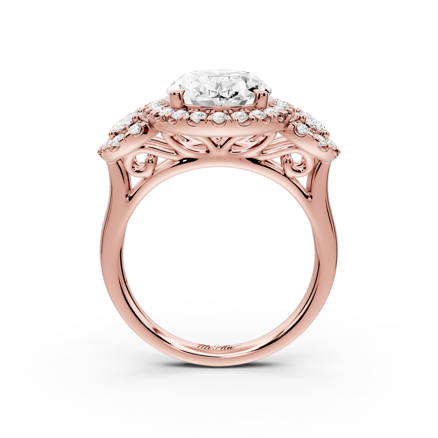 Iris - 4ct 18k rose gold Three stone oval Halo engagement ring - Mr. Alex Jewelry