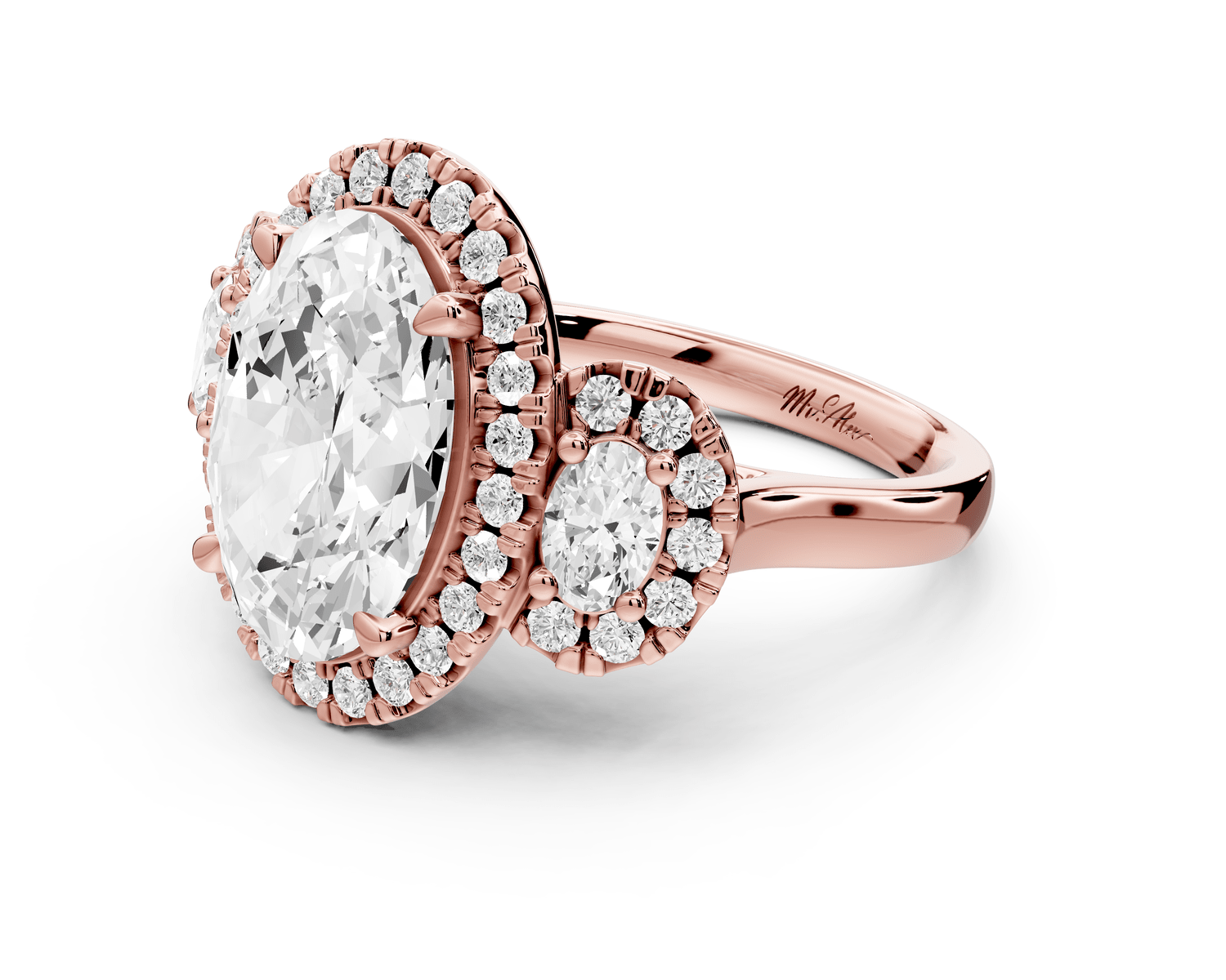 Iris - 4ct 18k rose gold Three stone oval Halo engagement ring - Mr. Alex Jewelry