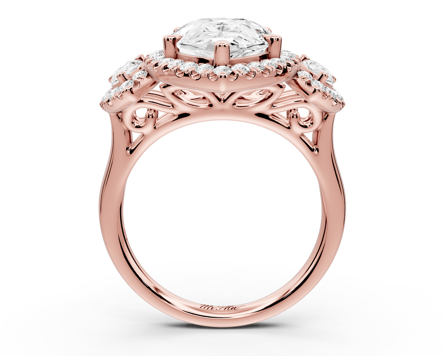 Iris - 4ct 18k rose gold Three stone pear Halo engagement ring - Mr. Alex Jewelry
