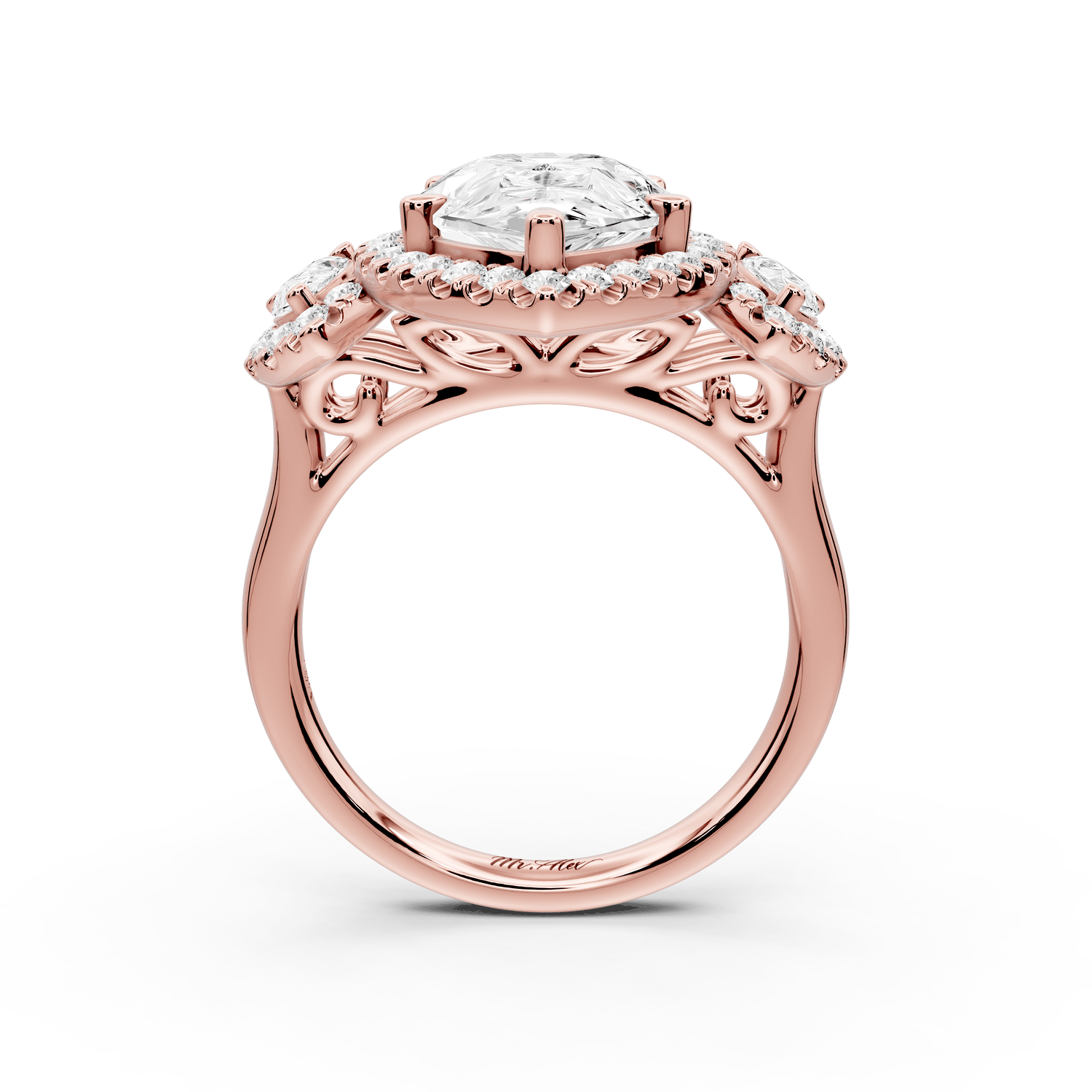 Iris - 4ct 18k rose gold Three stone pear Halo engagement ring - Mr. Alex Jewelry