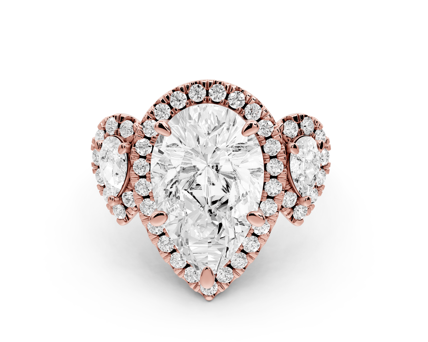 Iris - 4ct 18k rose gold Three stone pear Halo engagement ring - Mr. Alex Jewelry
