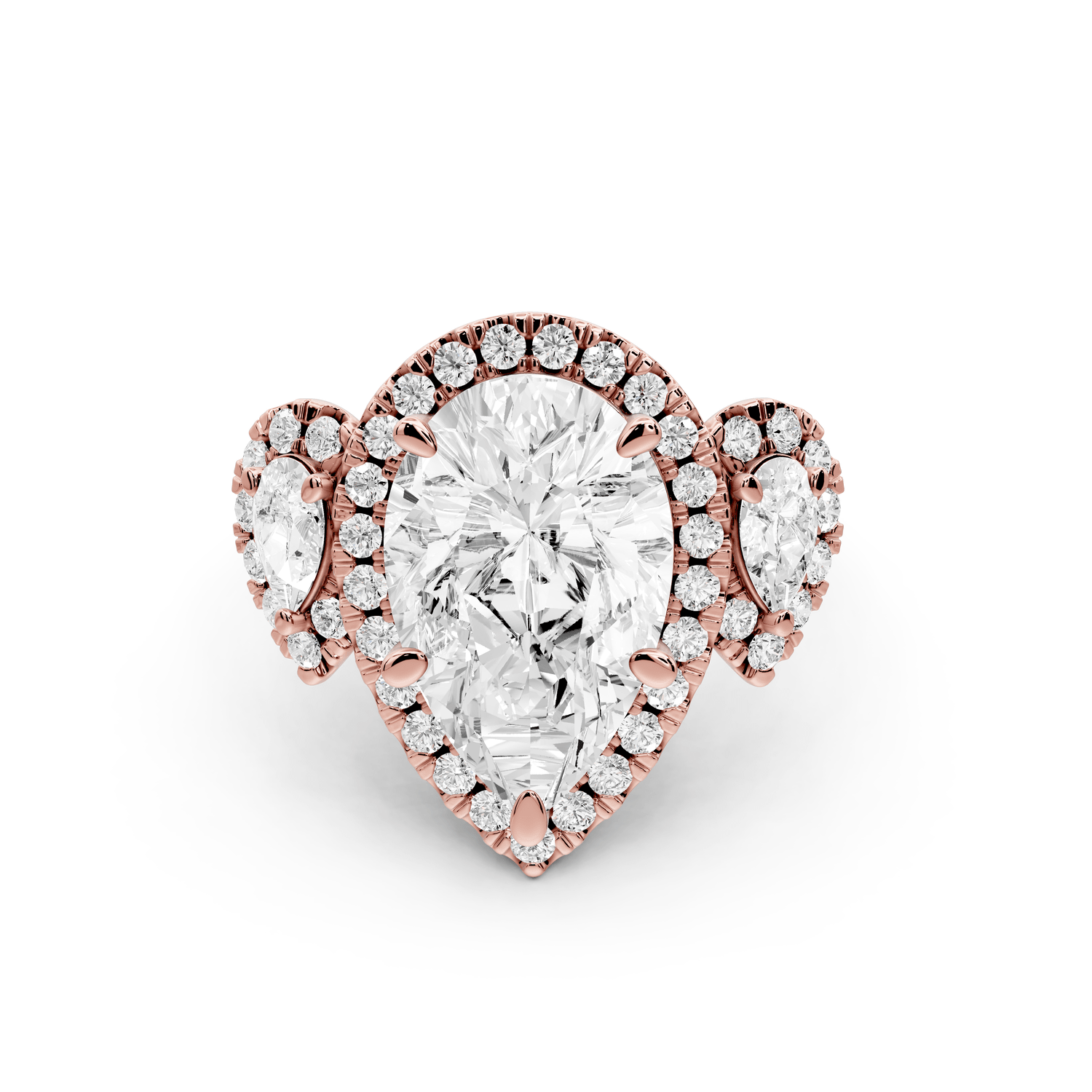 Iris - 4ct 18k rose gold Three stone pear Halo engagement ring - Mr. Alex Jewelry