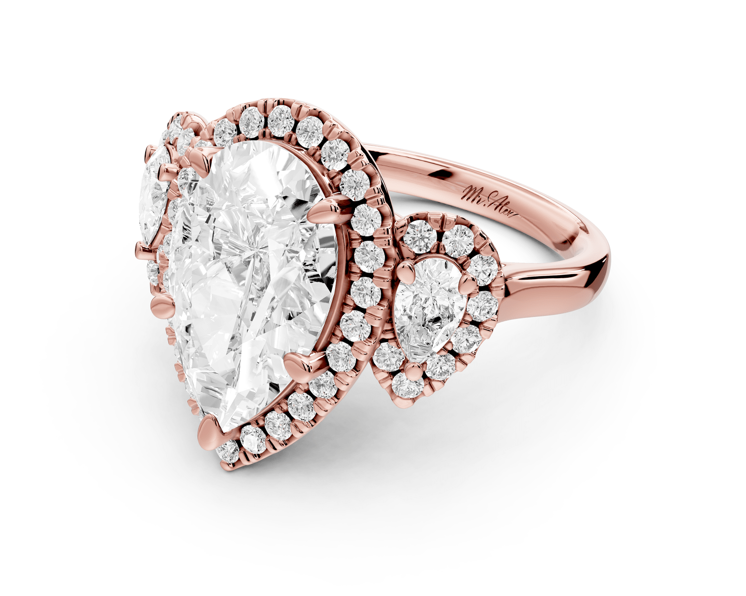 Iris - 4ct 18k rose gold Three stone pear Halo engagement ring - Mr. Alex Jewelry