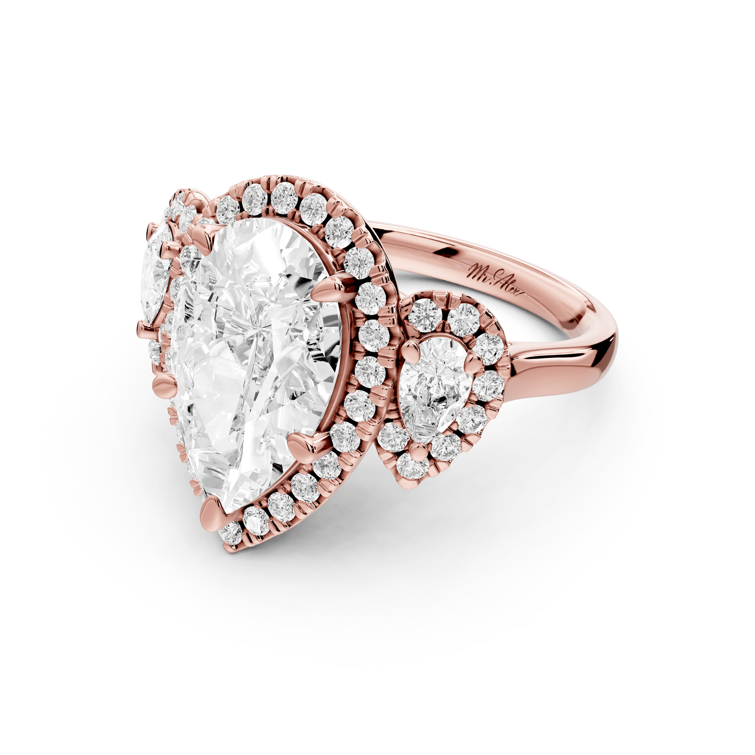 Iris - 4ct 18k rose gold Three stone pear Halo engagement ring - Mr. Alex Jewelry