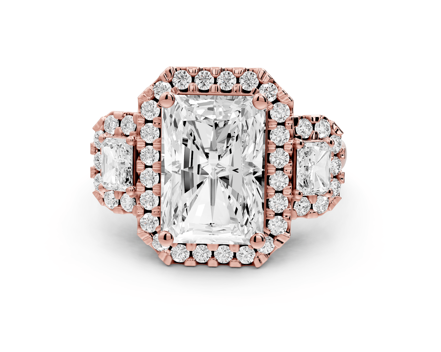 Iris - 4ct 18k rose gold Three stone radiant Halo engagement ring - Mr. Alex Jewelry