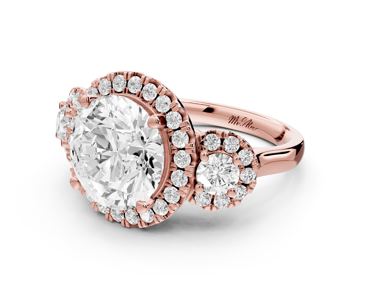 Iris - 4ct 18k rose gold Three stone round Halo engagement ring - Mr. Alex Jewelry