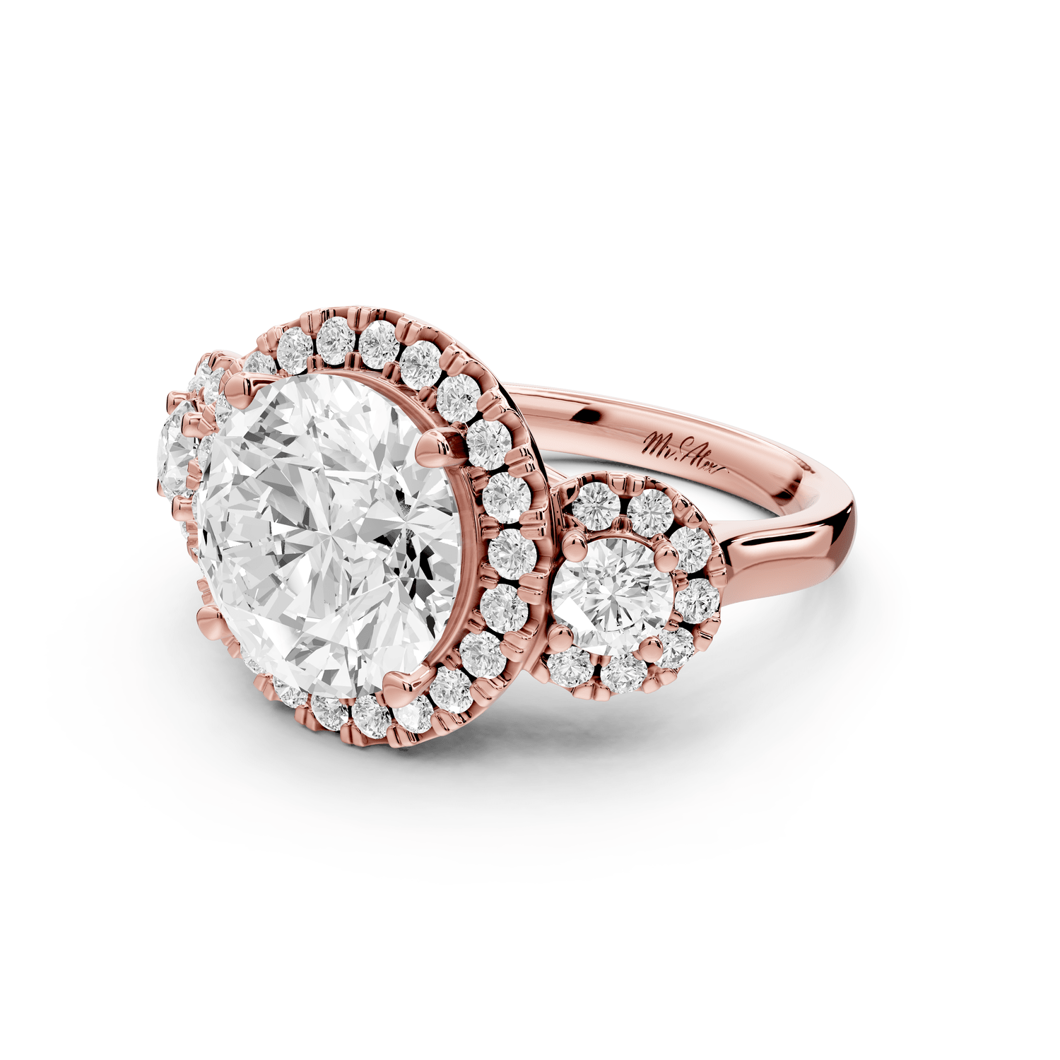 Iris - 4ct 18k rose gold Three stone round Halo engagement ring - Mr. Alex Jewelry