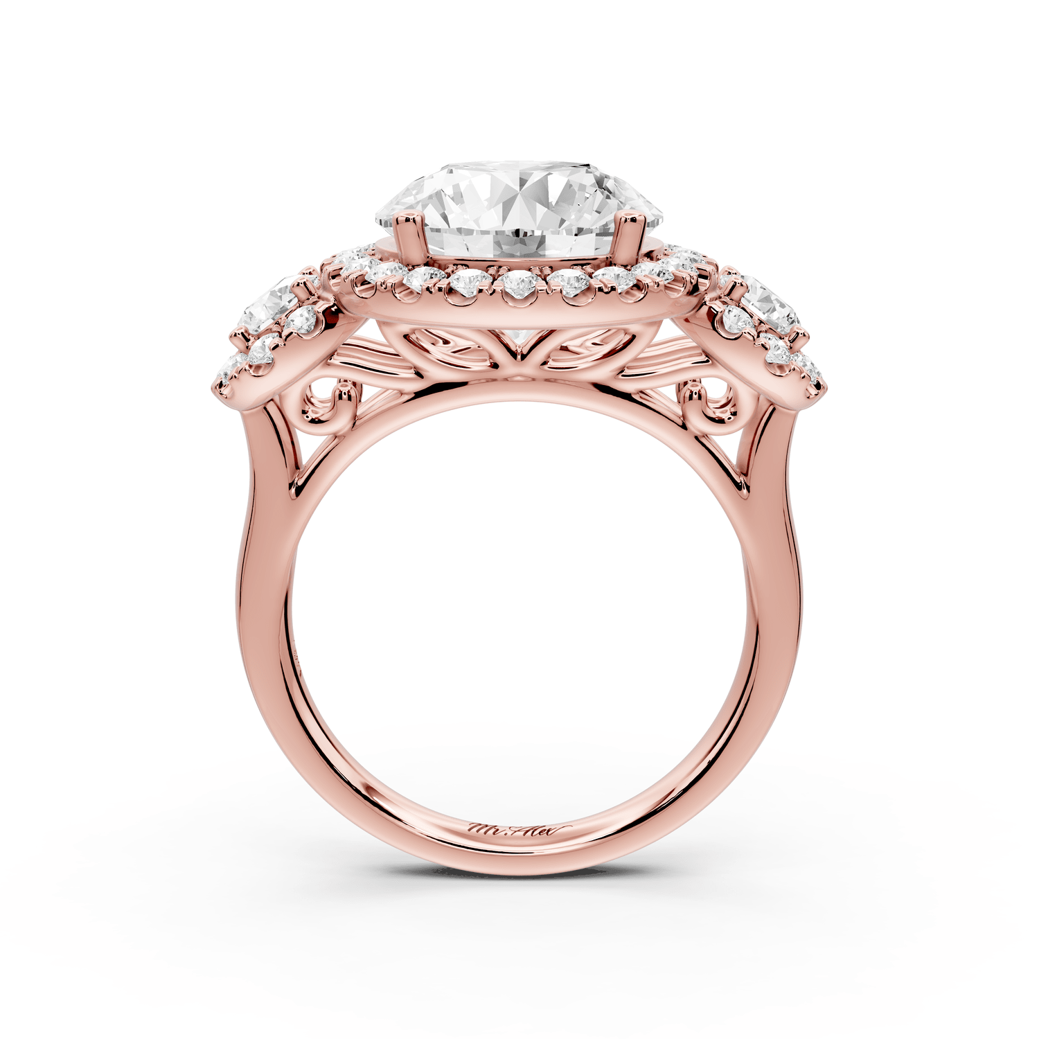 Iris - 4ct 18k rose gold Three stone round Halo engagement ring - Mr. Alex Jewelry