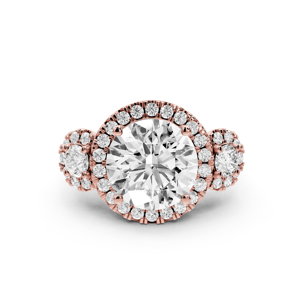 Iris - 4ct 18k rose gold Three stone round Halo engagement ring - Mr. Alex Jewelry