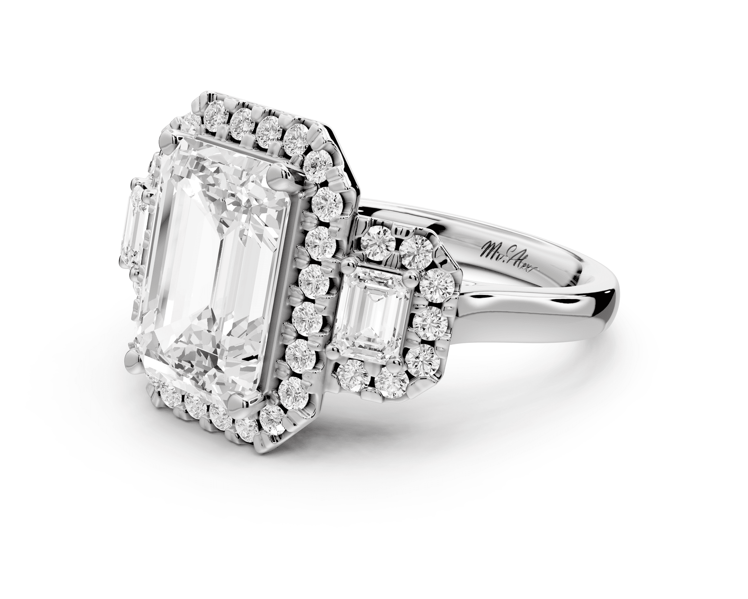 Iris - 4ct 18k white gold Three stone emerald Halo engagement ring - Mr. Alex Jewelry