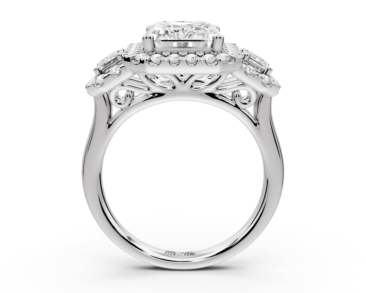 Iris - 4ct 18k white gold Three stone emerald Halo engagement ring - Mr. Alex Jewelry