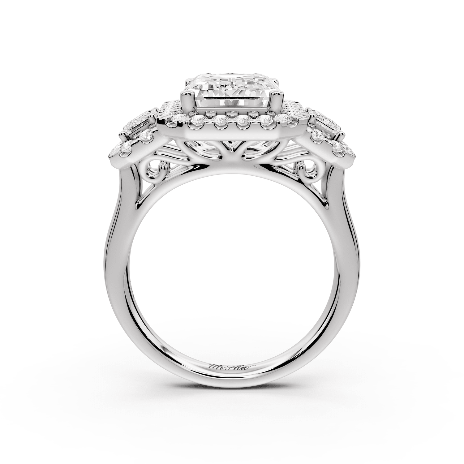 Iris - 4ct 18k white gold Three stone emerald Halo engagement ring - Mr. Alex Jewelry