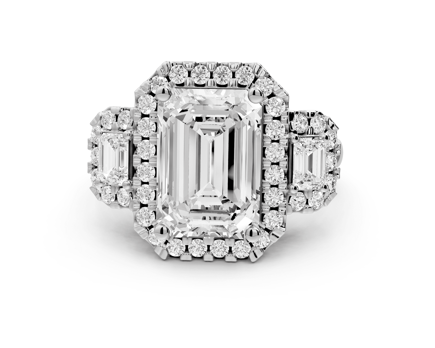 Iris - 4ct 18k white gold Three stone emerald Halo engagement ring - Mr. Alex Jewelry