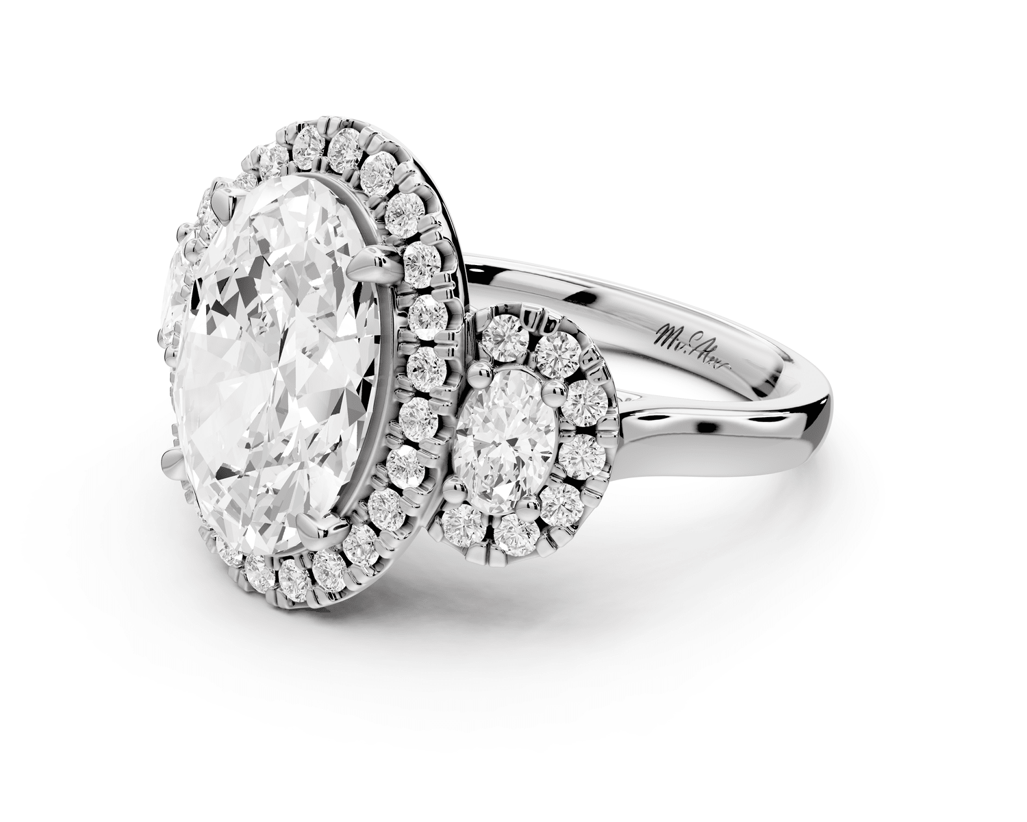 Iris - 4ct 18k white gold Three stone oval Halo engagement ring - Mr. Alex Jewelry