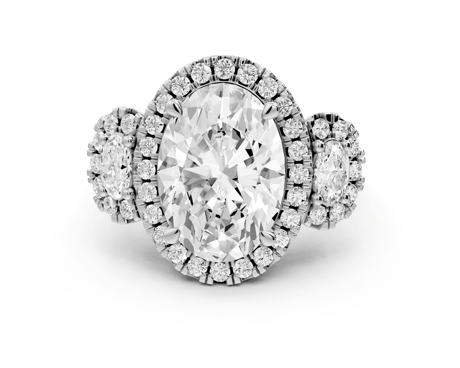 Iris - 4ct 18k white gold Three stone oval Halo engagement ring - Mr. Alex Jewelry