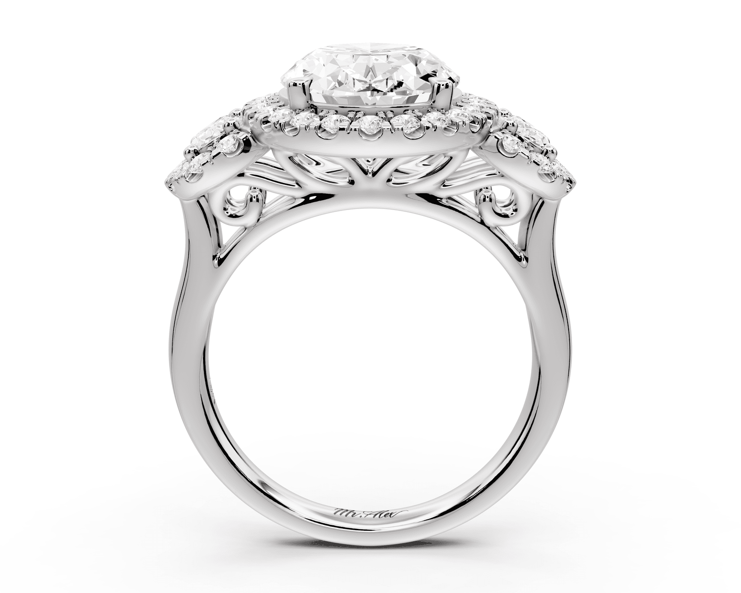 Iris - 4ct 18k white gold Three stone oval Halo engagement ring - Mr. Alex Jewelry
