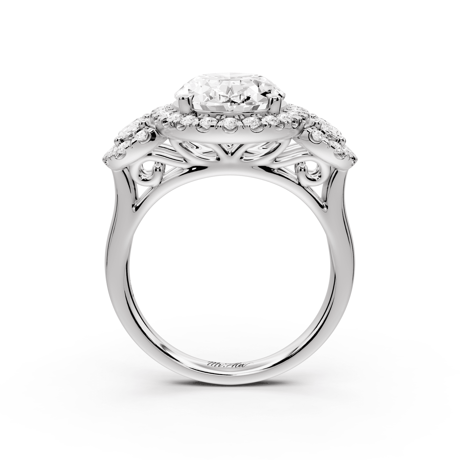 Iris - 4ct 18k white gold Three stone oval Halo engagement ring - Mr. Alex Jewelry