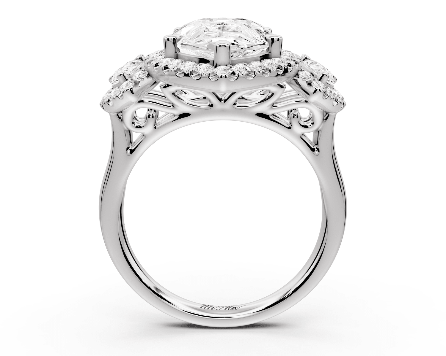 Iris - 4ct 18k white gold Three stone pear Halo engagement ring - Mr. Alex Jewelry