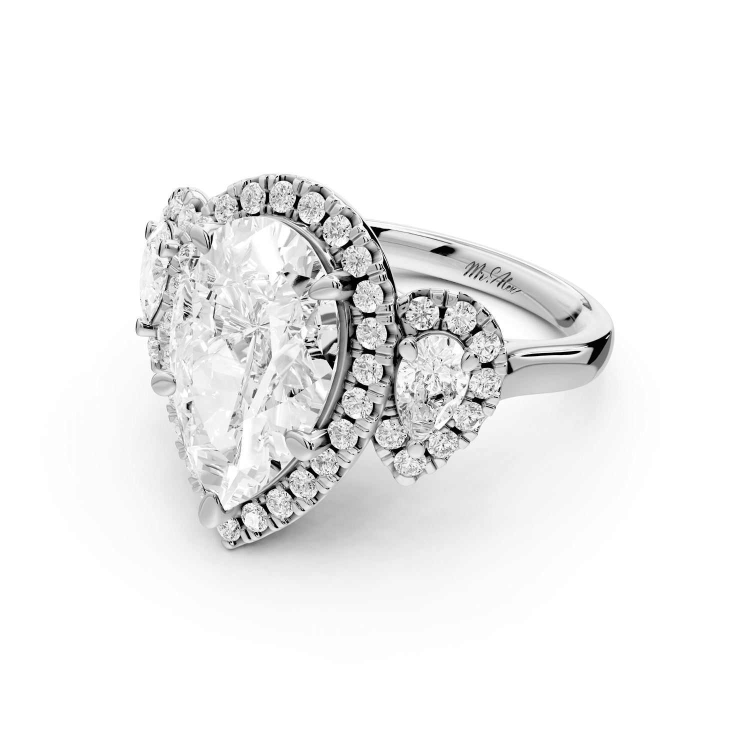Iris - 4ct 18k white gold Three stone pear Halo engagement ring - Mr. Alex Jewelry