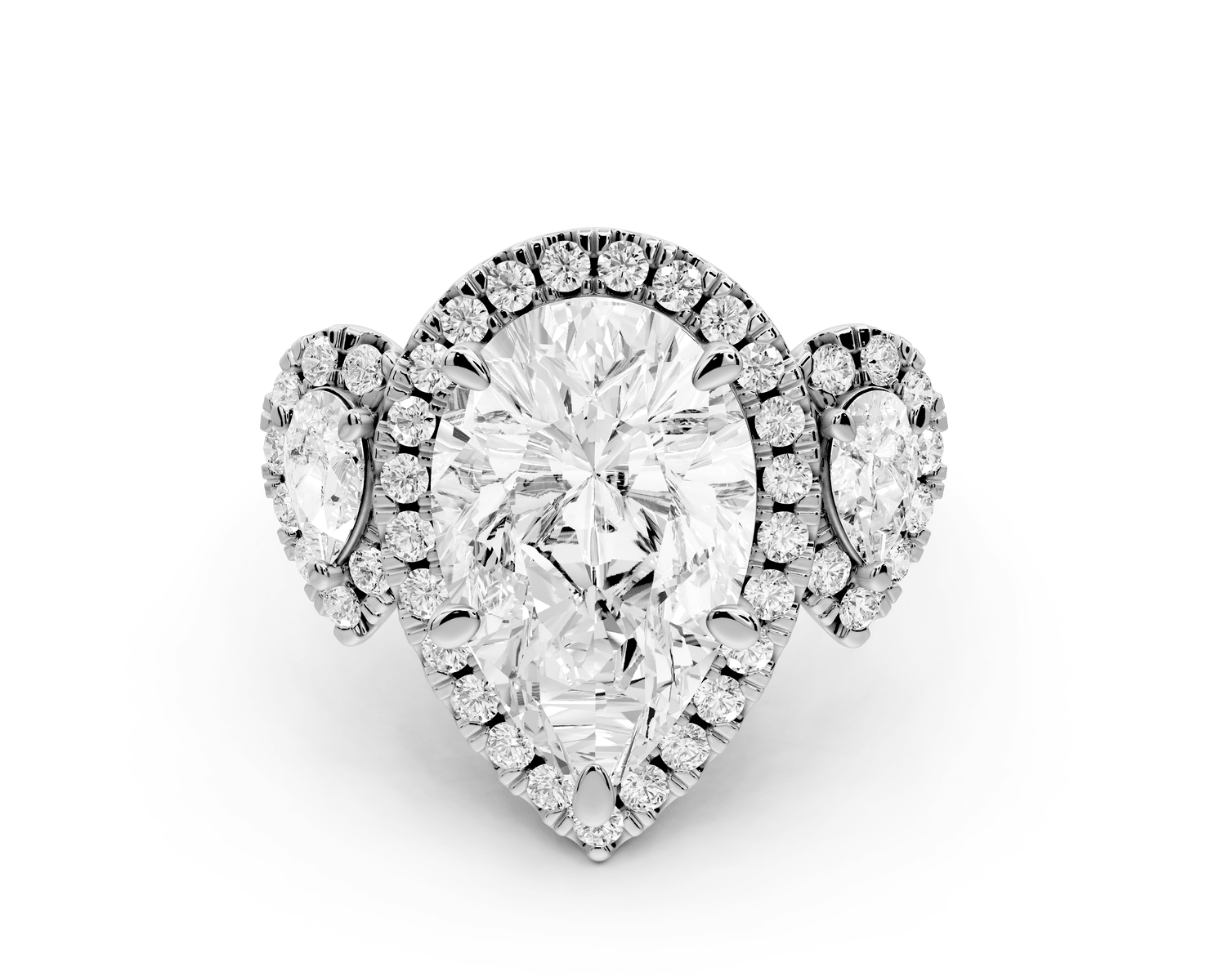 Iris - 4ct 18k white gold Three stone pear Halo engagement ring - Mr. Alex Jewelry