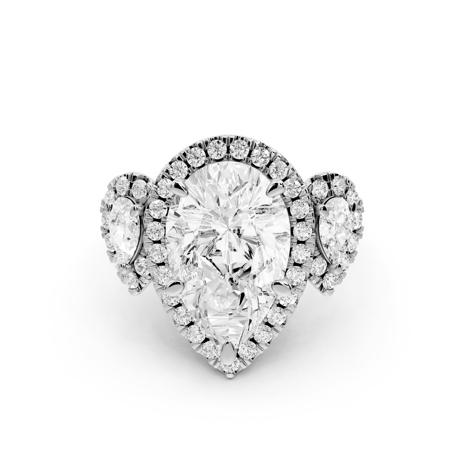 Iris - 4ct 18k white gold Three stone pear Halo engagement ring - Mr. Alex Jewelry