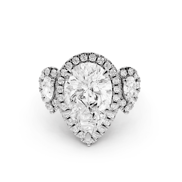 Iris - 4ct 18k white gold Three stone pear Halo engagement ring - Mr. Alex Jewelry