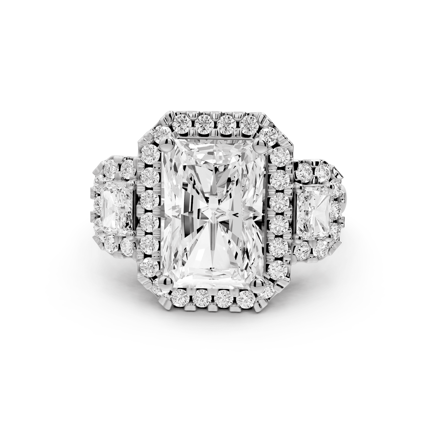 Iris - 4ct 18k white gold Three stone radiant Halo engagement ring - Mr. Alex Jewelry