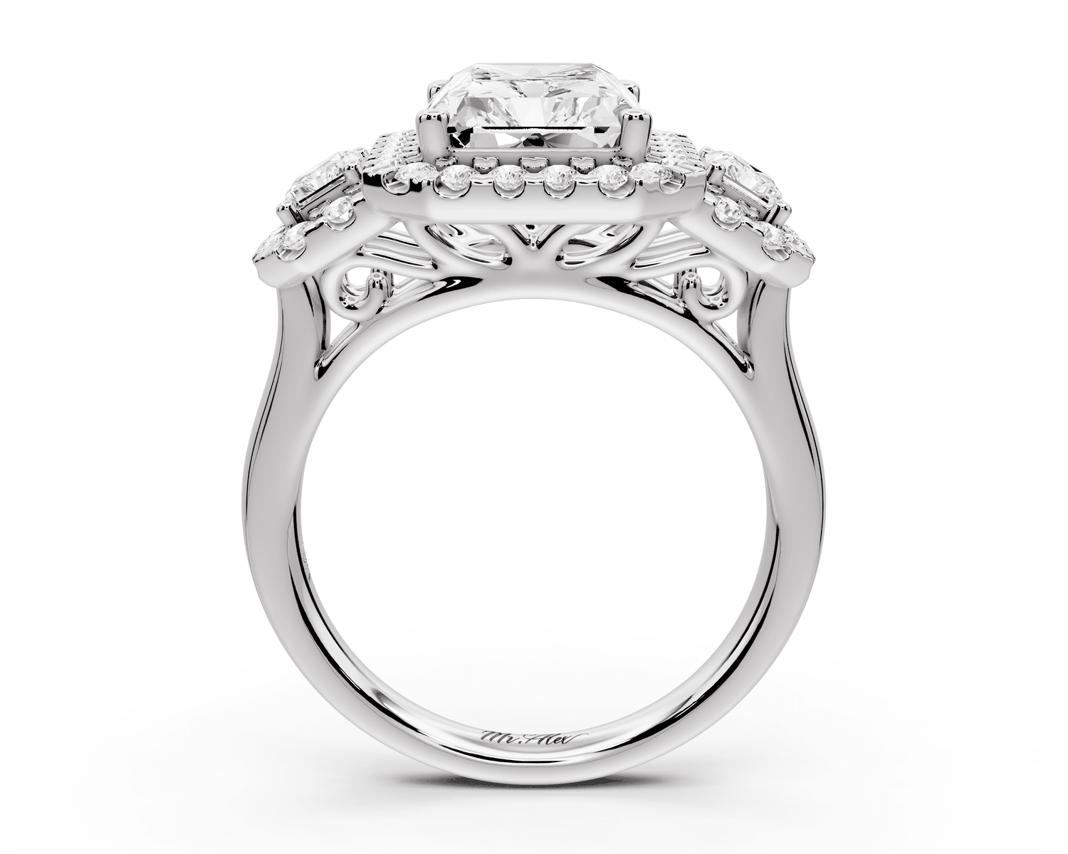 Iris - 4ct 18k white gold Three stone radiant Halo engagement ring - Mr. Alex Jewelry