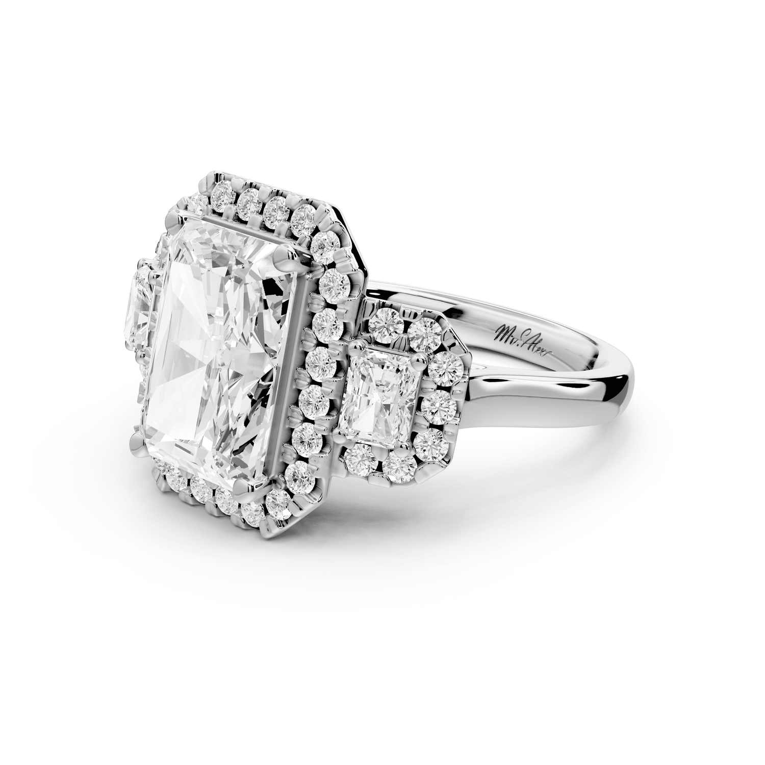 Iris - 4ct 18k white gold Three stone radiant Halo engagement ring - Mr. Alex Jewelry