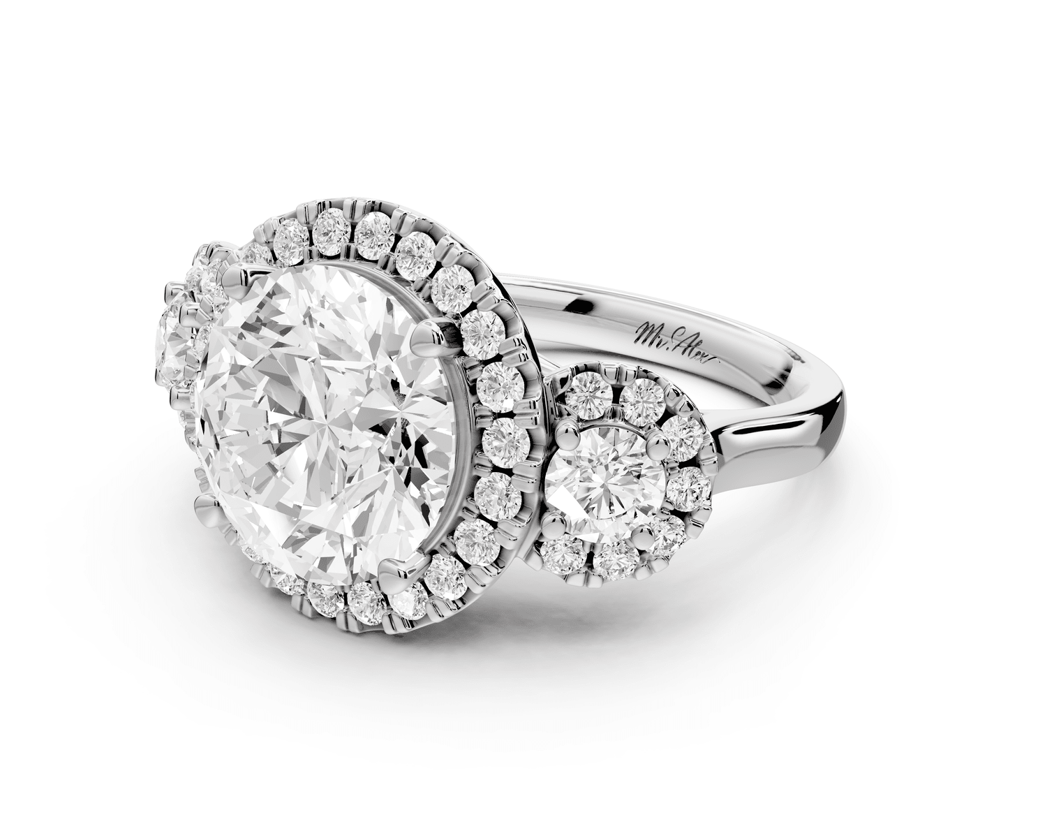 Iris - 4ct 18k white gold Three stone round Halo engagement ring - Mr. Alex Jewelry
