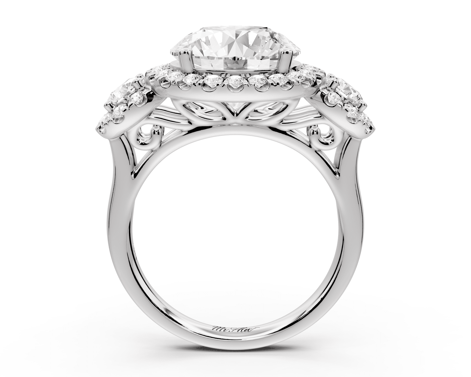 Iris - 4ct 18k white gold Three stone round Halo engagement ring - Mr. Alex Jewelry