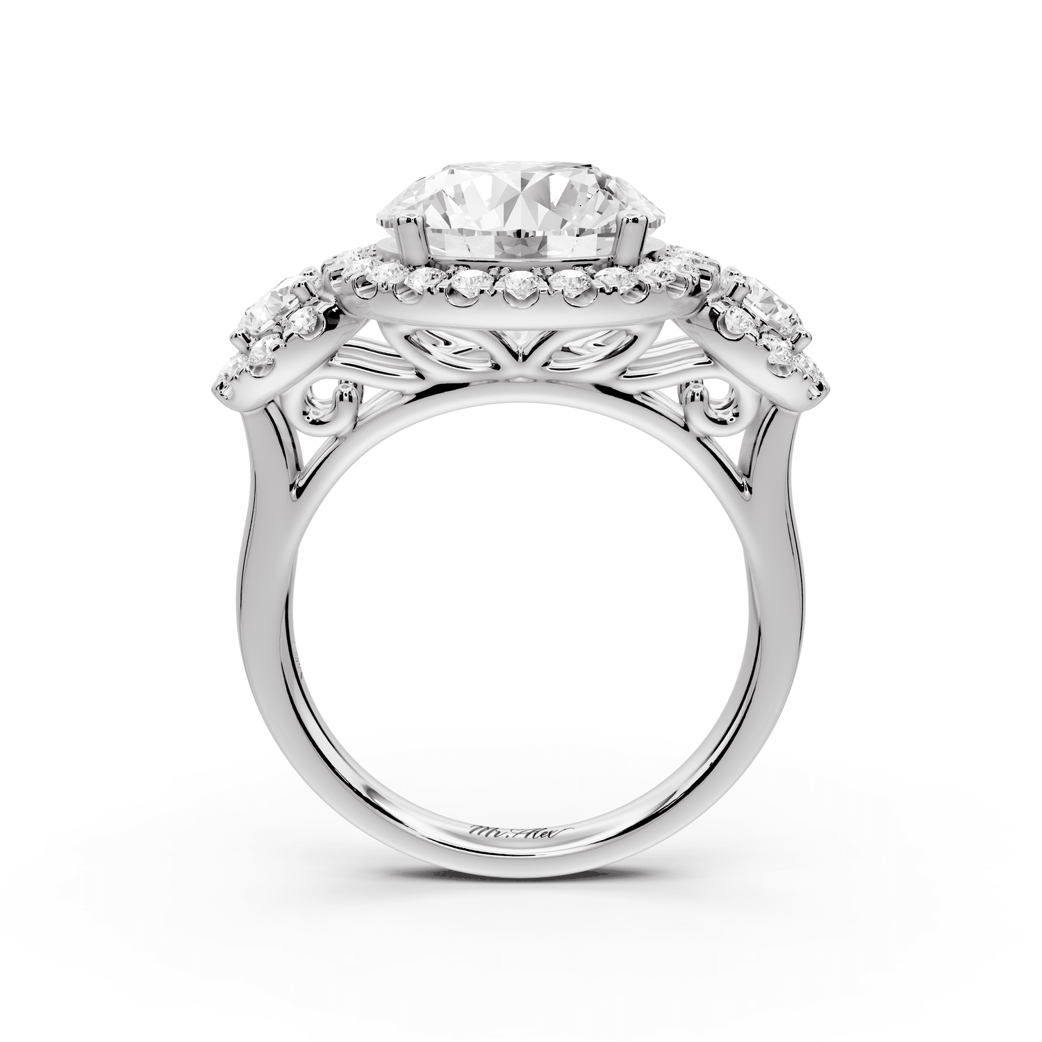 Iris - 4ct 18k white gold Three stone round Halo engagement ring - Mr. Alex Jewelry