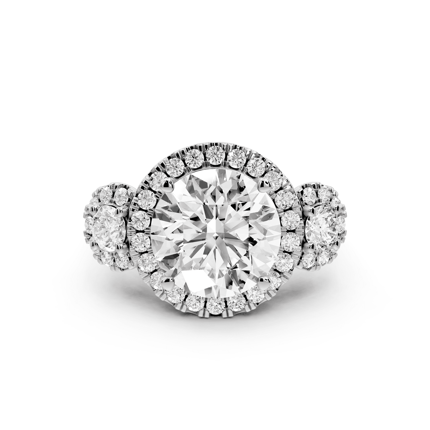 Iris - 4ct 18k white gold Three stone round Halo engagement ring - Mr. Alex Jewelry