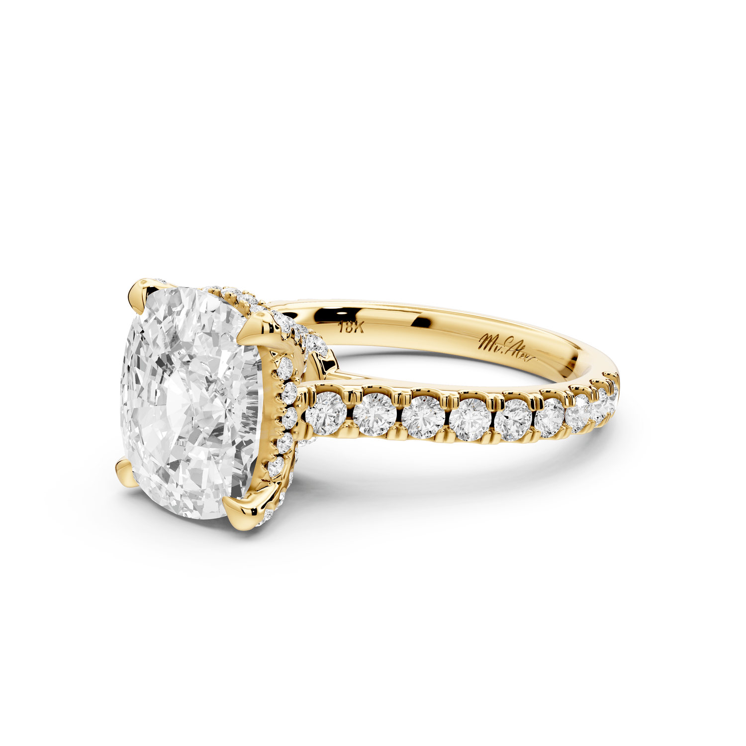 Iris - 4ct 18k yellow gold Three stone Elongated Cushion Halo engagement ring - Mr. Alex Jewelry