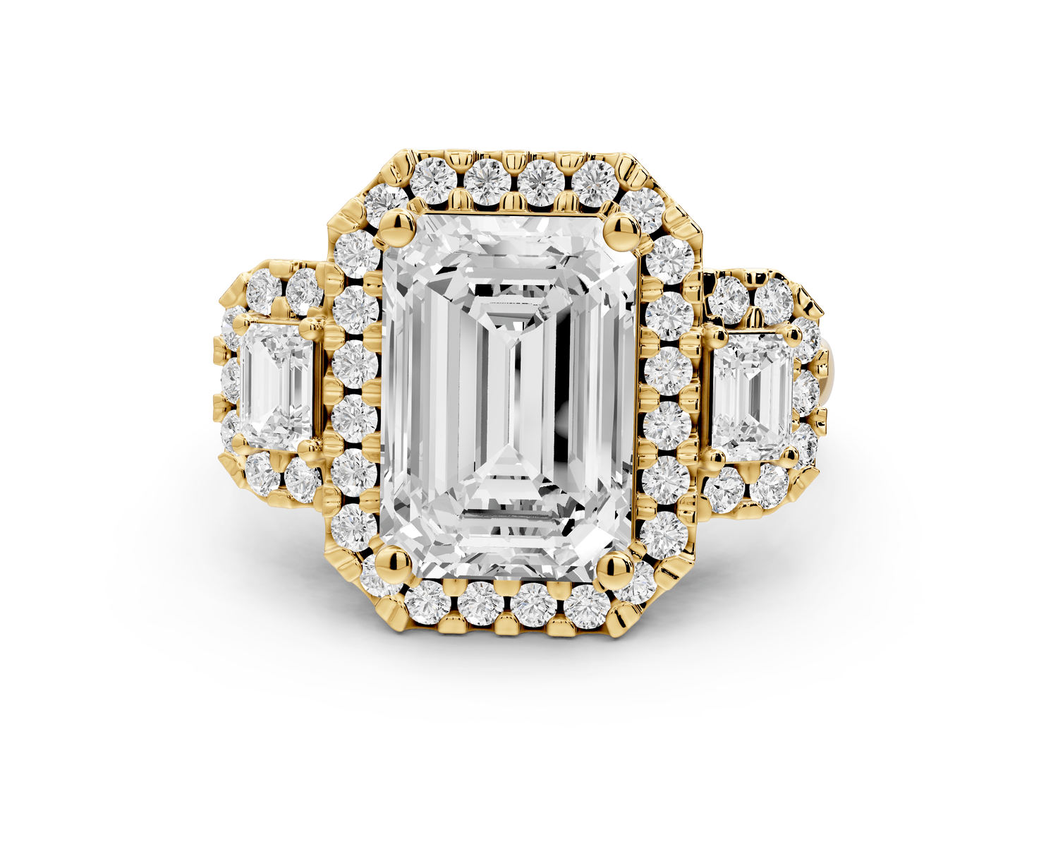 Iris - 4ct 18k yellow gold Three stone emerald Halo engagement ring - Mr. Alex Jewelry