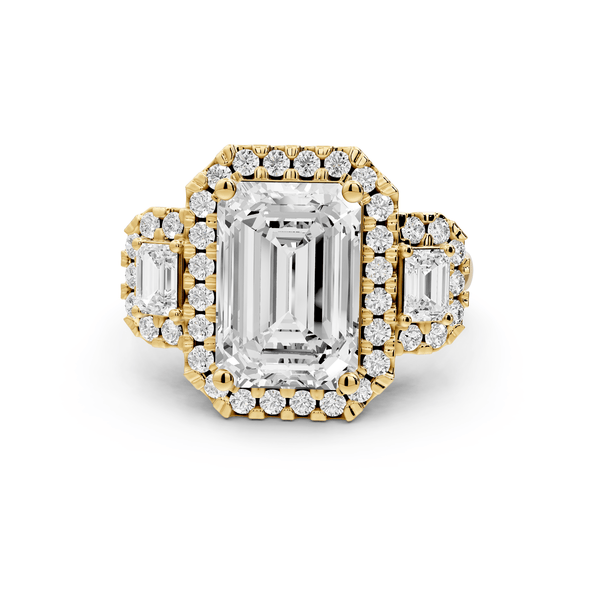 Iris - 4ct 18k yellow gold Three stone emerald Halo engagement ring - Mr. Alex Jewelry