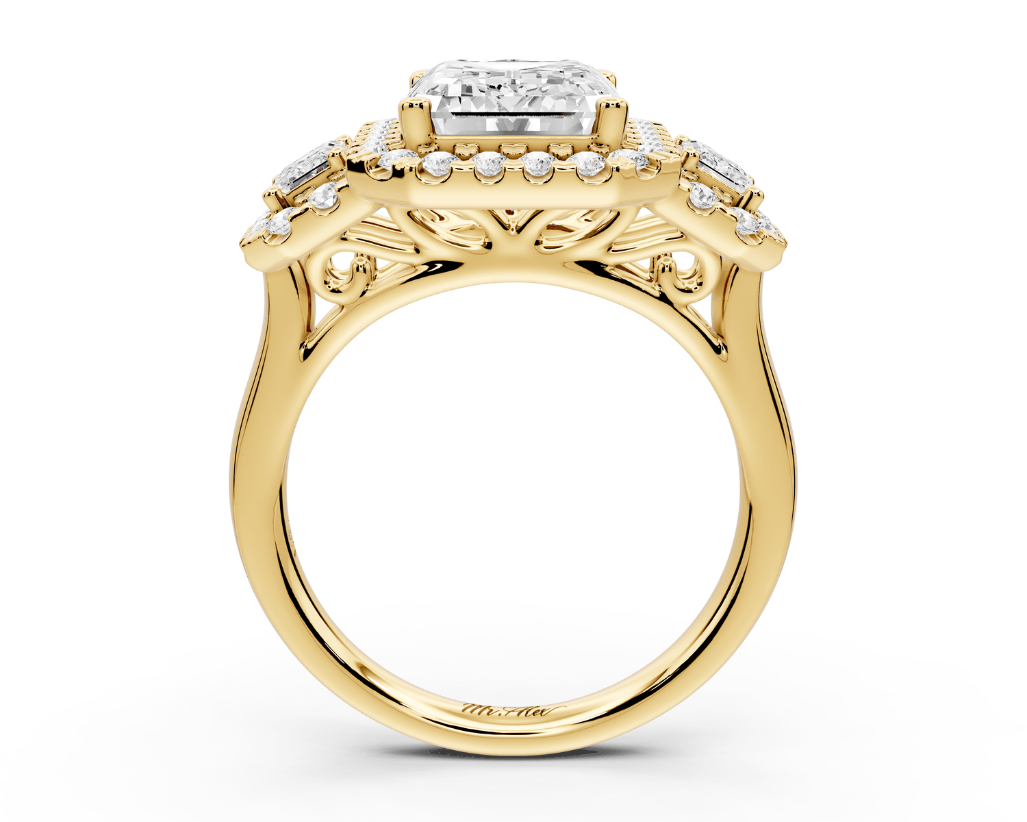 Iris - 4ct 18k yellow gold Three stone emerald Halo engagement ring - Mr. Alex Jewelry