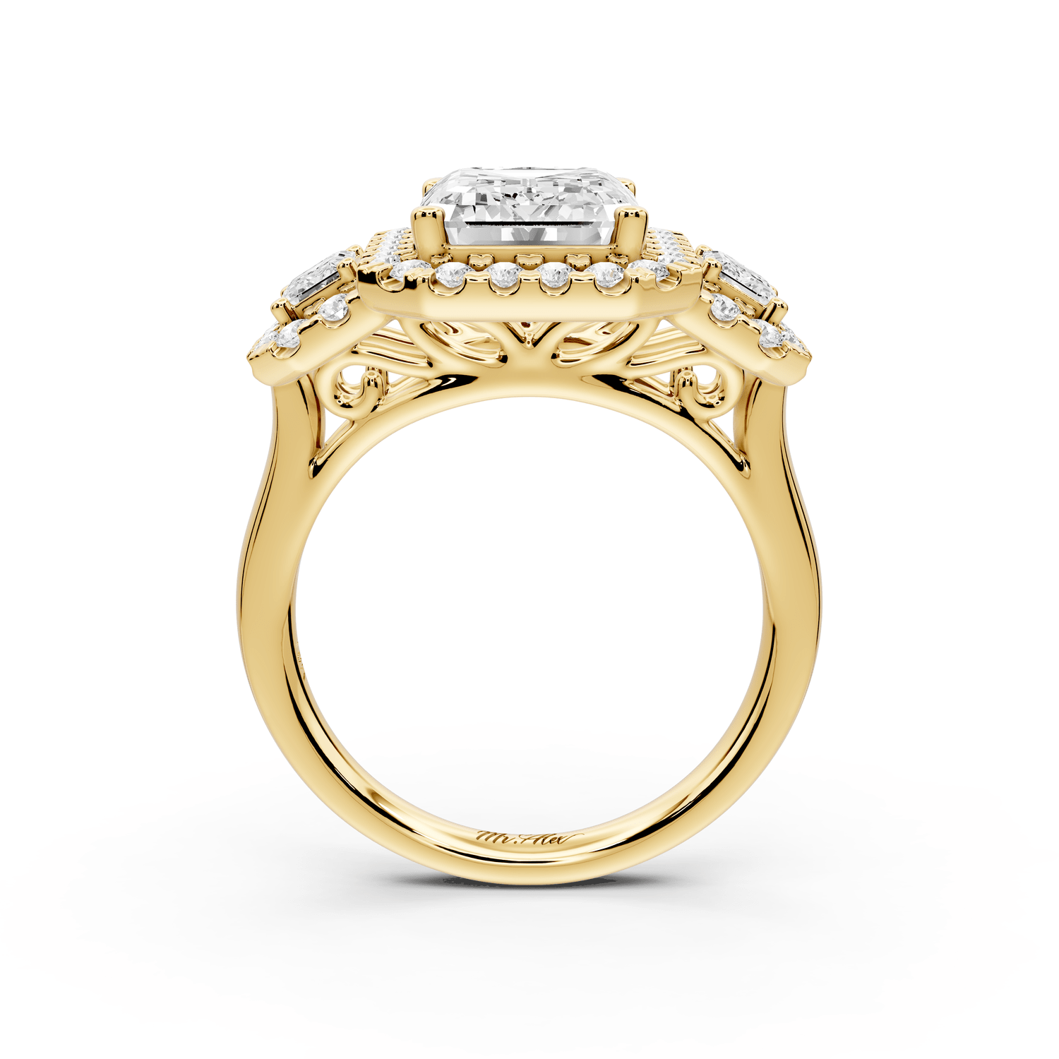 Iris - 4ct 18k yellow gold Three stone emerald Halo engagement ring - Mr. Alex Jewelry