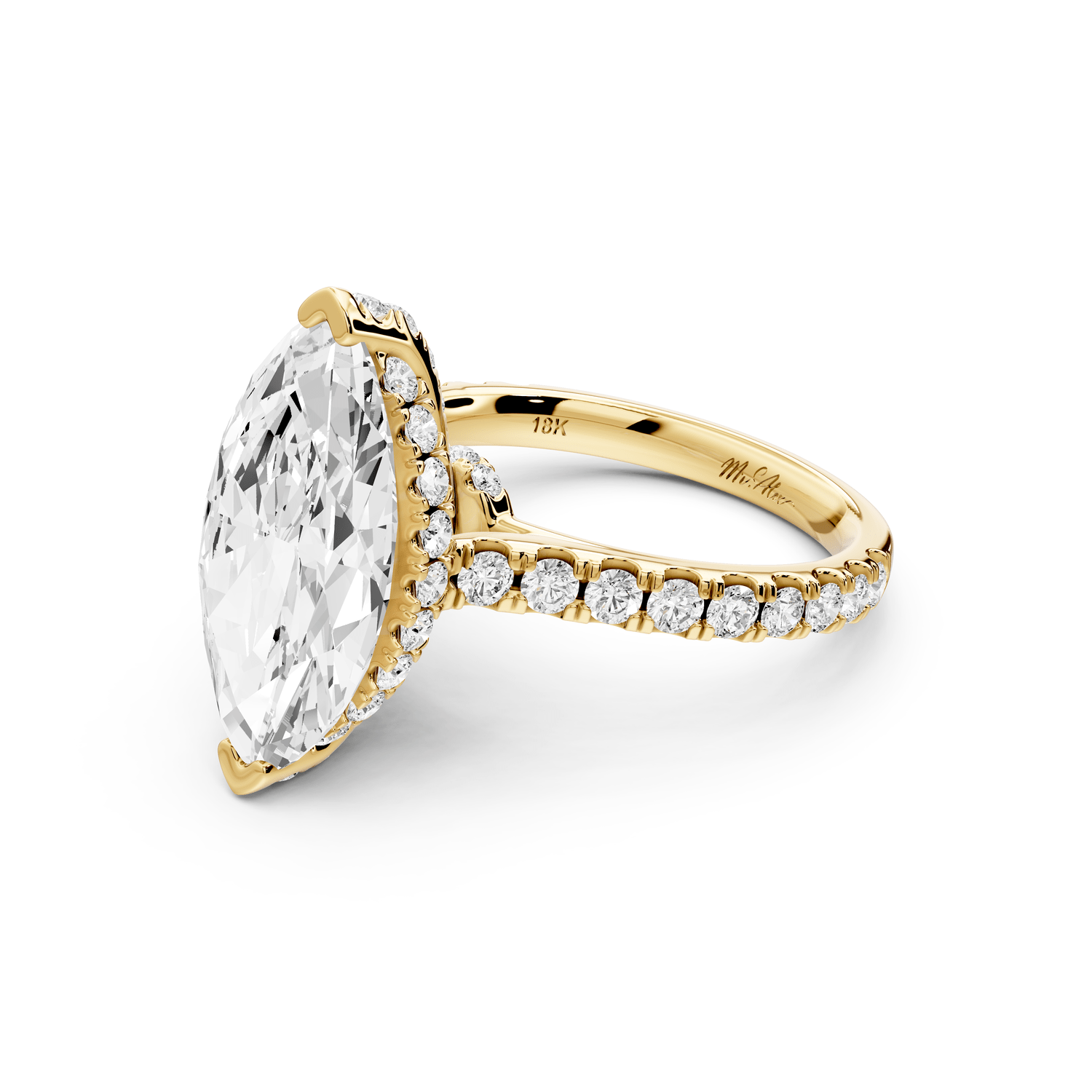 Iris - 4ct 18k yellow gold Three stone marquise Halo engagement ring - Mr. Alex Jewelry