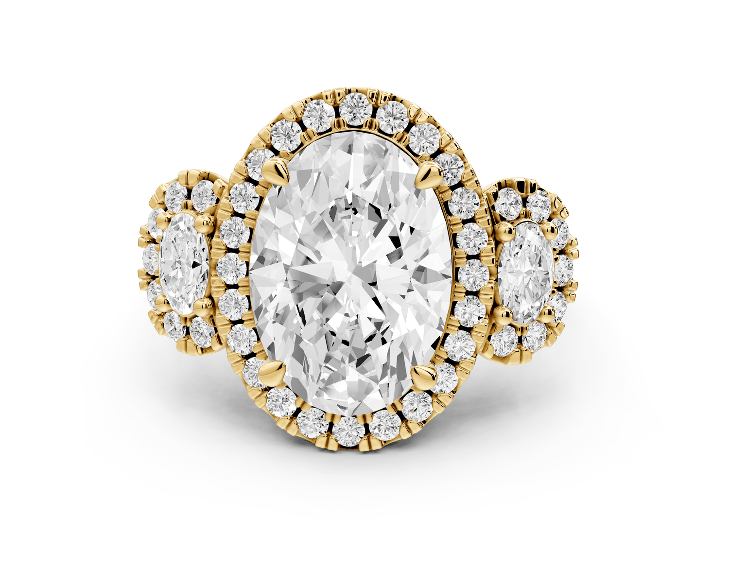 Iris - 4ct 18k yellow gold Three stone oval Halo engagement ring - Mr. Alex Jewelry