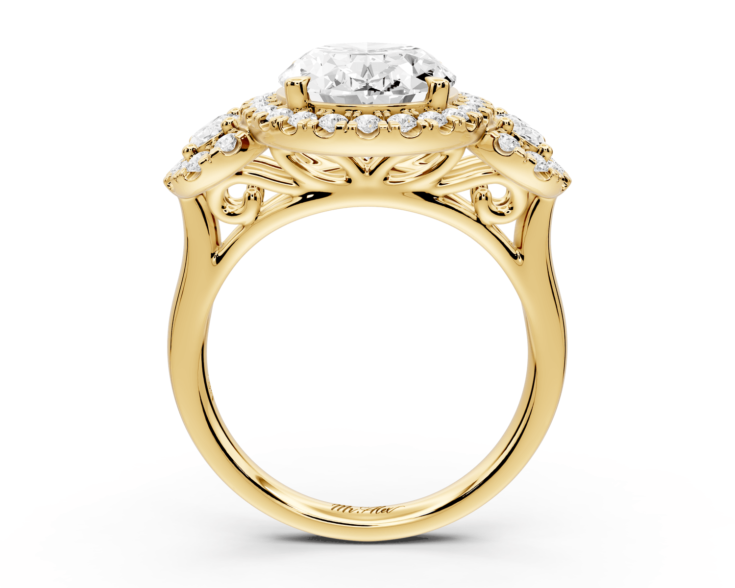 Iris - 4ct 18k yellow gold Three stone oval Halo engagement ring - Mr. Alex Jewelry