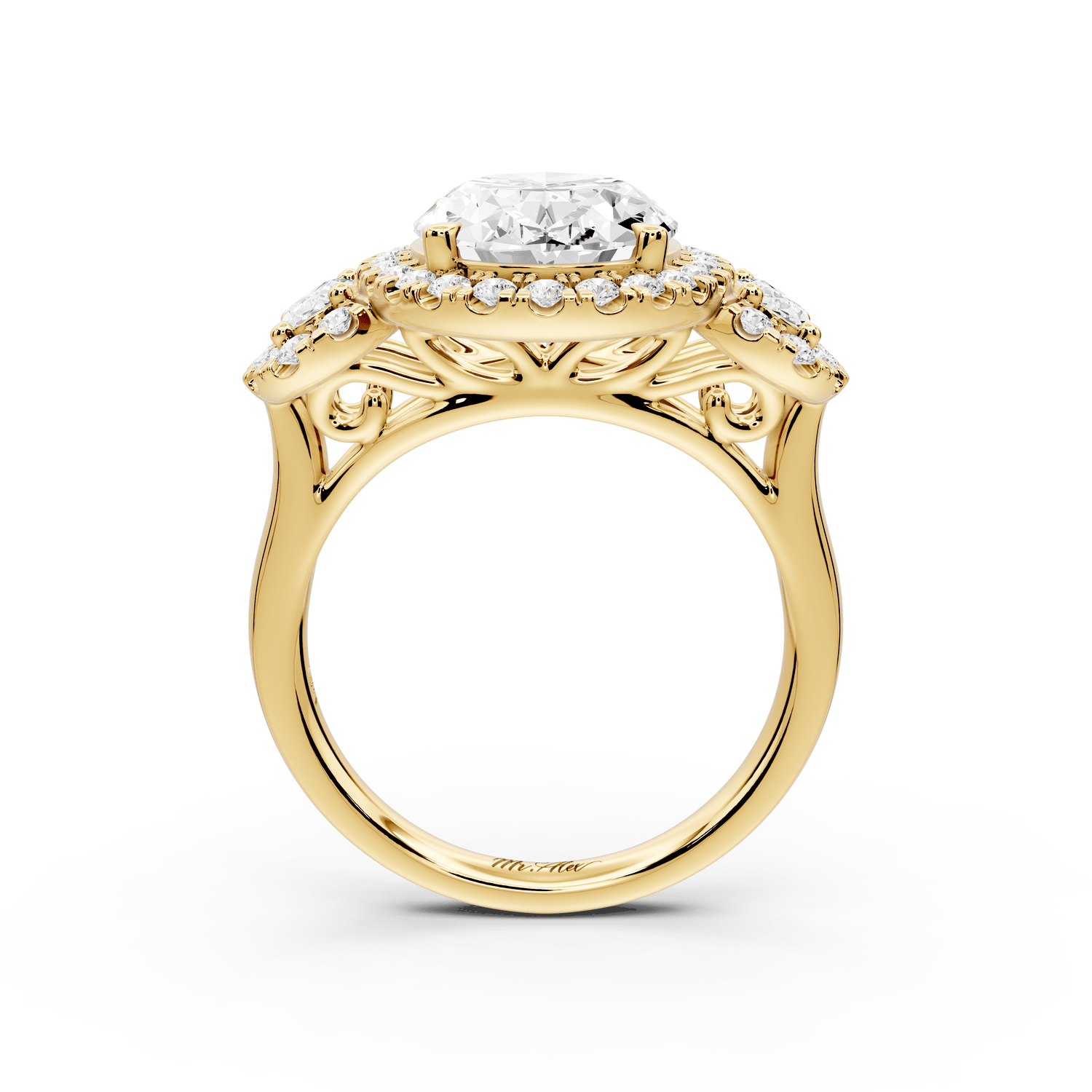 Iris - 4ct 18k yellow gold Three stone oval Halo engagement ring - Mr. Alex Jewelry
