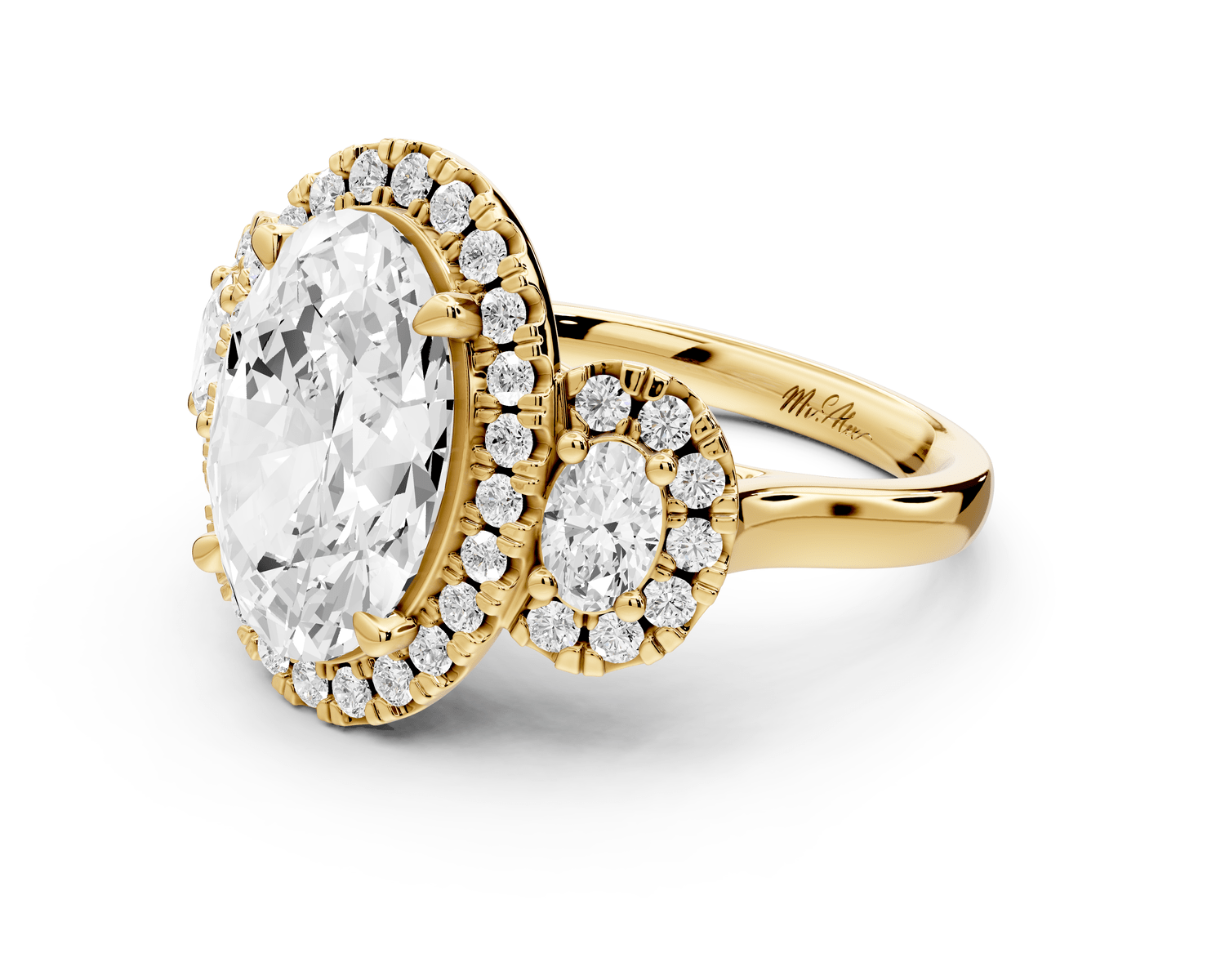 Iris - 4ct 18k yellow gold Three stone oval Halo engagement ring - Mr. Alex Jewelry