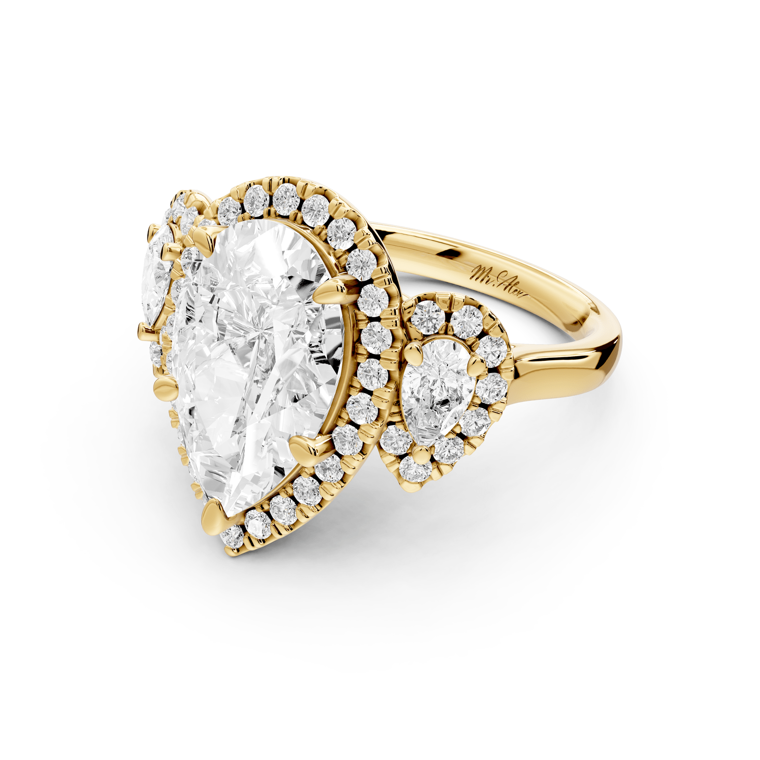 Iris - 4ct 18k yellow gold Three stone pear Halo engagement ring - Mr. Alex Jewelry